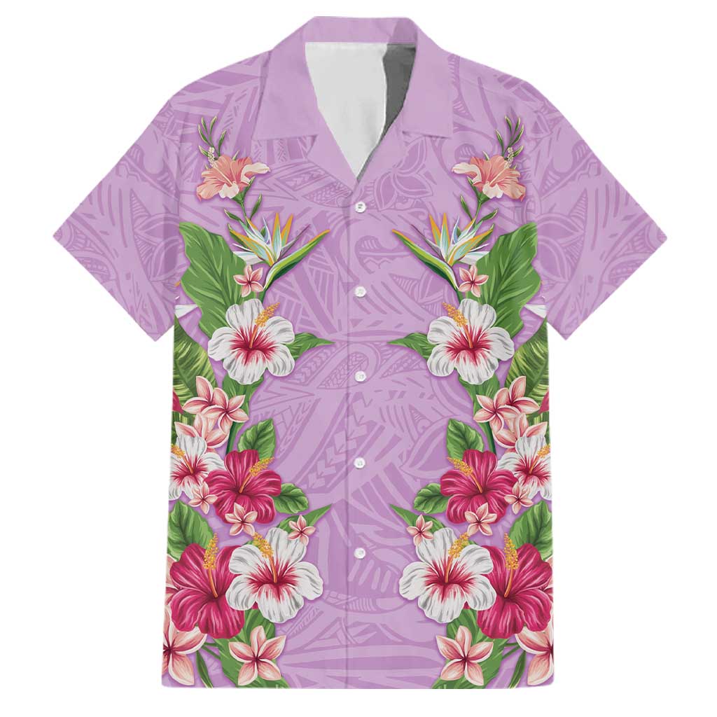 Hawaii Tropical Flowers Family Matching Off The Shoulder Long Sleeve Dress and Hawaiian Shirt Lavender Polynesian Tattoo Art