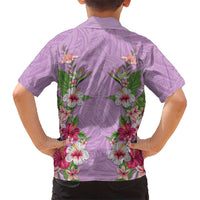Hawaii Tropical Flowers Family Matching Off Shoulder Short Dress and Hawaiian Shirt Lavender Polynesian Tattoo Art