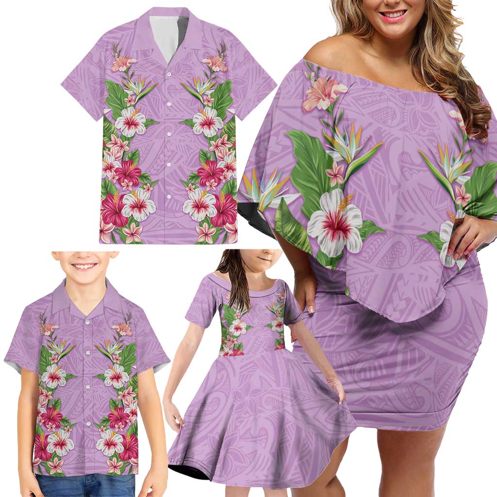 Hawaii Tropical Flowers Family Matching Off Shoulder Short Dress and Hawaiian Shirt Lavender Polynesian Tattoo Art