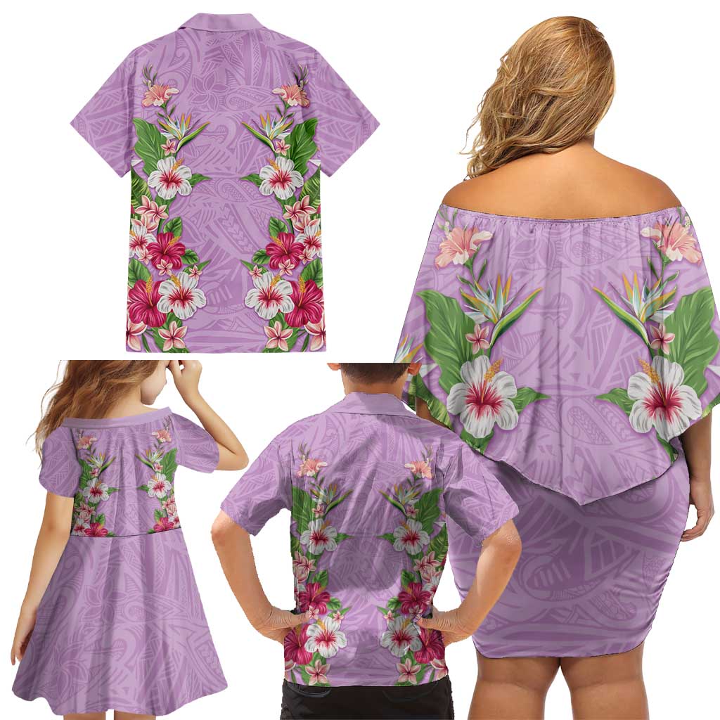 Hawaii Tropical Flowers Family Matching Off Shoulder Short Dress and Hawaiian Shirt Lavender Polynesian Tattoo Art