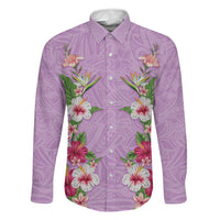 Hawaii Tropical Flowers Family Matching Off Shoulder Short Dress and Hawaiian Shirt Lavender Polynesian Tattoo Art