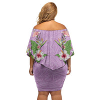 Hawaii Tropical Flowers Family Matching Off Shoulder Short Dress and Hawaiian Shirt Lavender Polynesian Tattoo Art