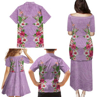 Hawaii Tropical Flowers Family Matching Puletasi and Hawaiian Shirt Lavender Polynesian Tattoo Art