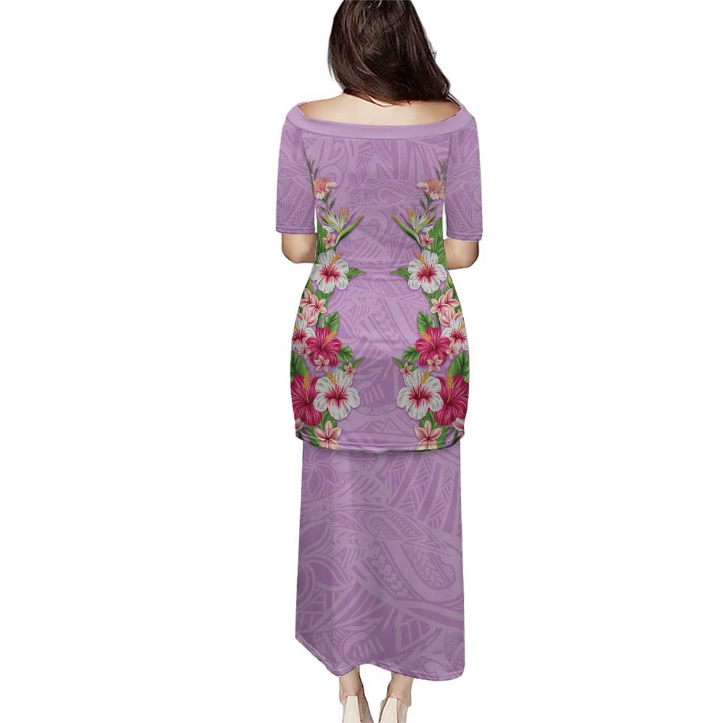 Hawaii Tropical Flowers Family Matching Puletasi and Hawaiian Shirt Lavender Polynesian Tattoo Art