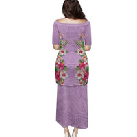 Hawaii Tropical Flowers Family Matching Puletasi and Hawaiian Shirt Lavender Polynesian Tattoo Art