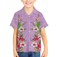 Hawaii Tropical Flowers Family Matching Puletasi and Hawaiian Shirt Lavender Polynesian Tattoo Art
