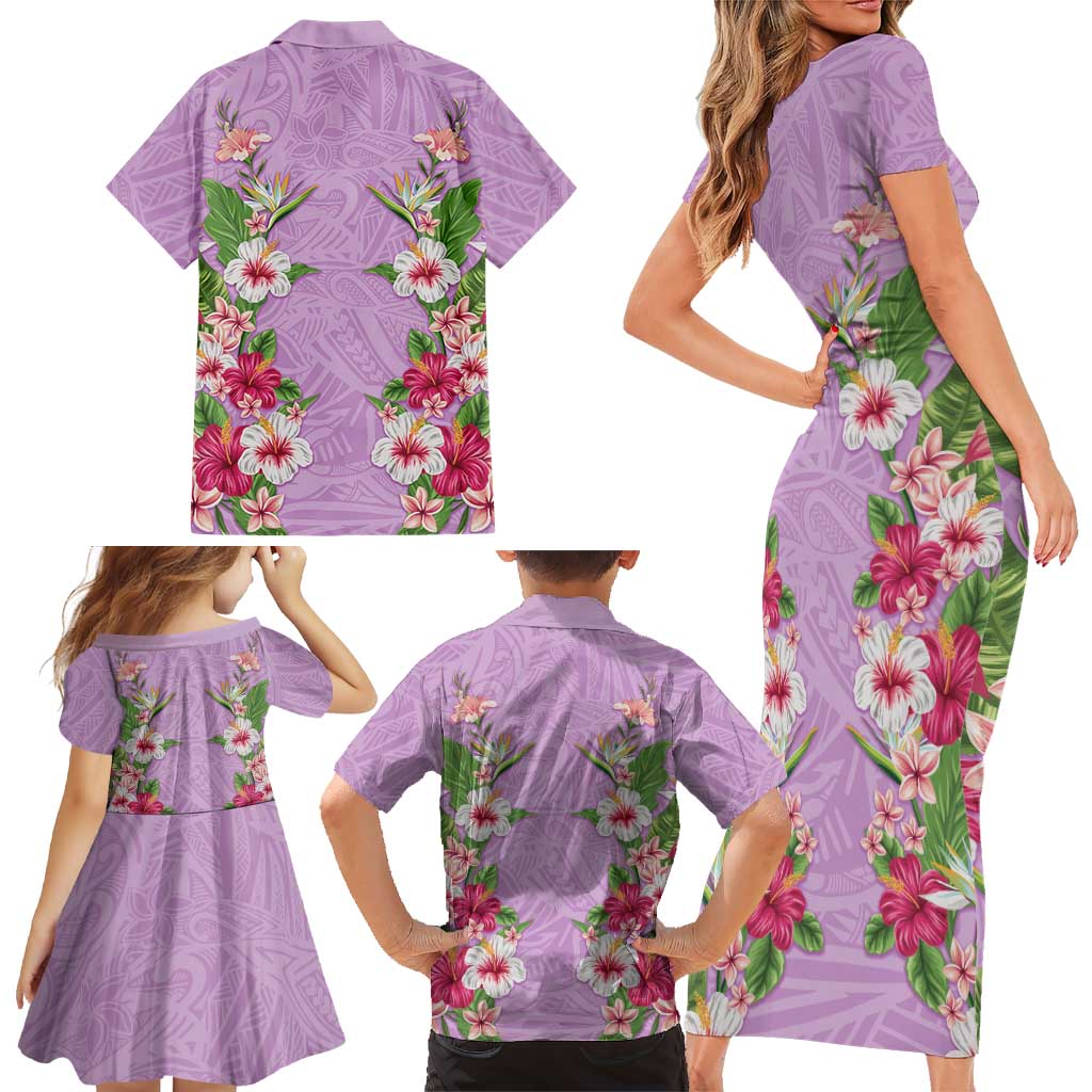 Hawaii Tropical Flowers Family Matching Short Sleeve Bodycon Dress and Hawaiian Shirt Lavender Polynesian Tattoo Art