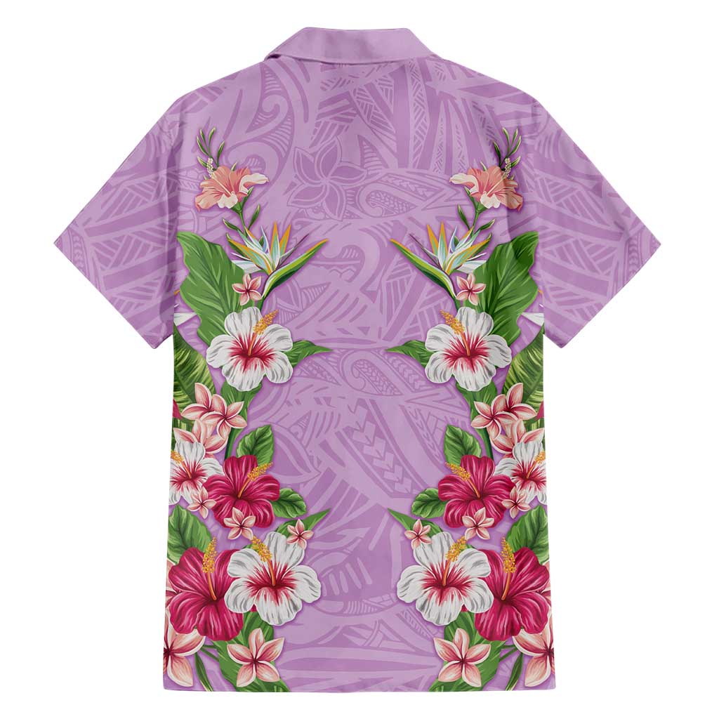 Hawaii Tropical Flowers Family Matching Short Sleeve Bodycon Dress and Hawaiian Shirt Lavender Polynesian Tattoo Art