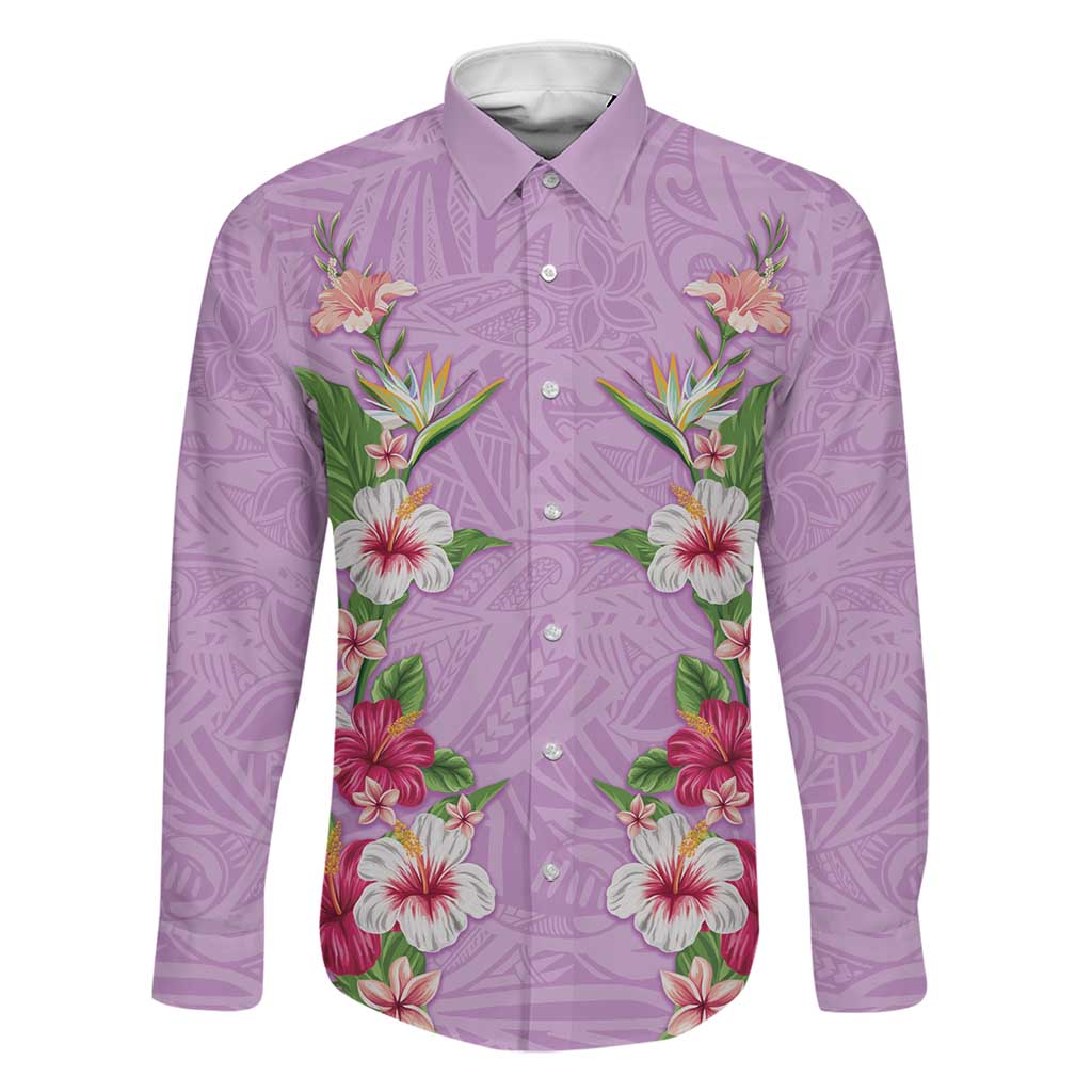 Hawaii Tropical Flowers Family Matching Short Sleeve Bodycon Dress and Hawaiian Shirt Lavender Polynesian Tattoo Art
