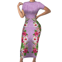 Hawaii Tropical Flowers Family Matching Short Sleeve Bodycon Dress and Hawaiian Shirt Lavender Polynesian Tattoo Art