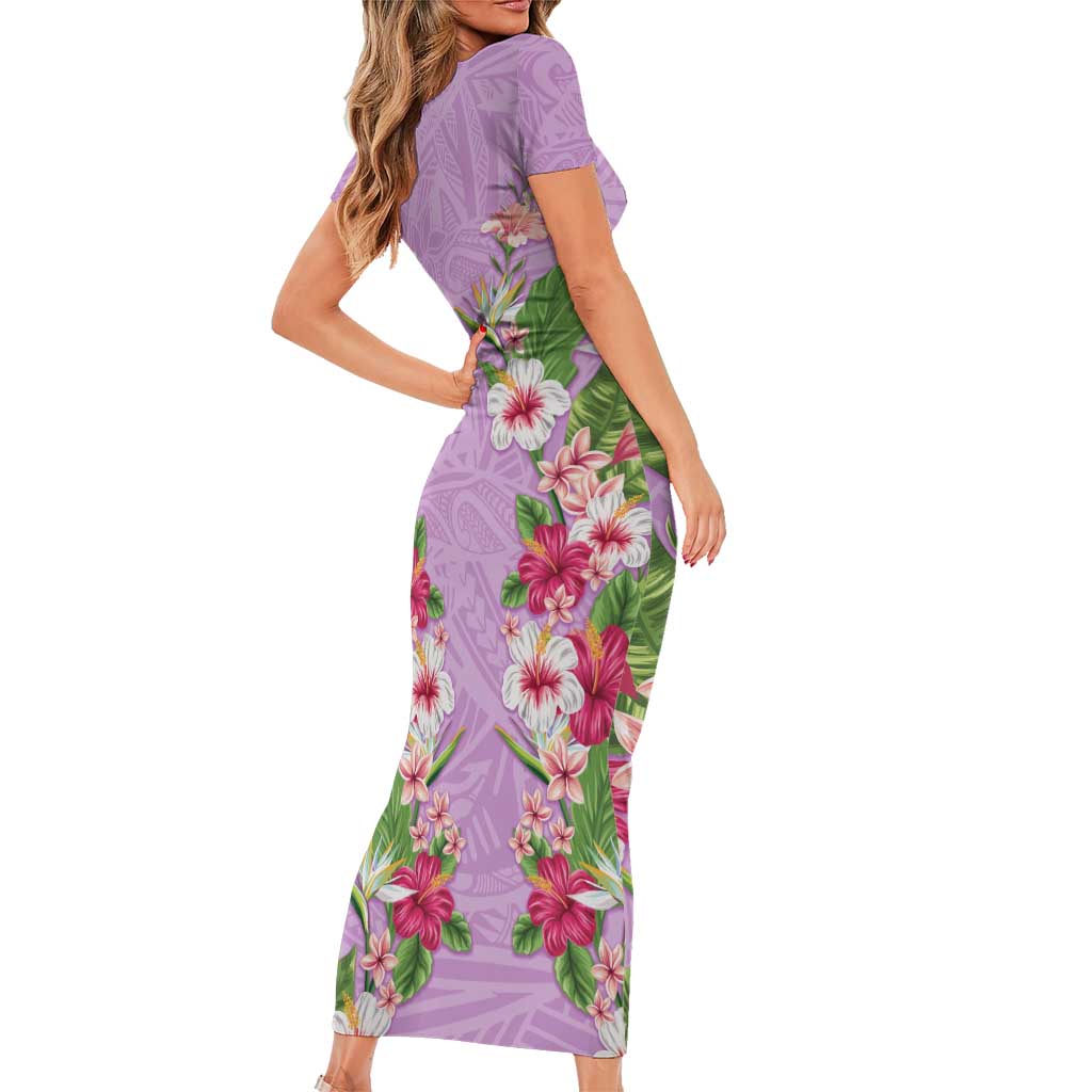 Hawaii Tropical Flowers Family Matching Short Sleeve Bodycon Dress and Hawaiian Shirt Lavender Polynesian Tattoo Art