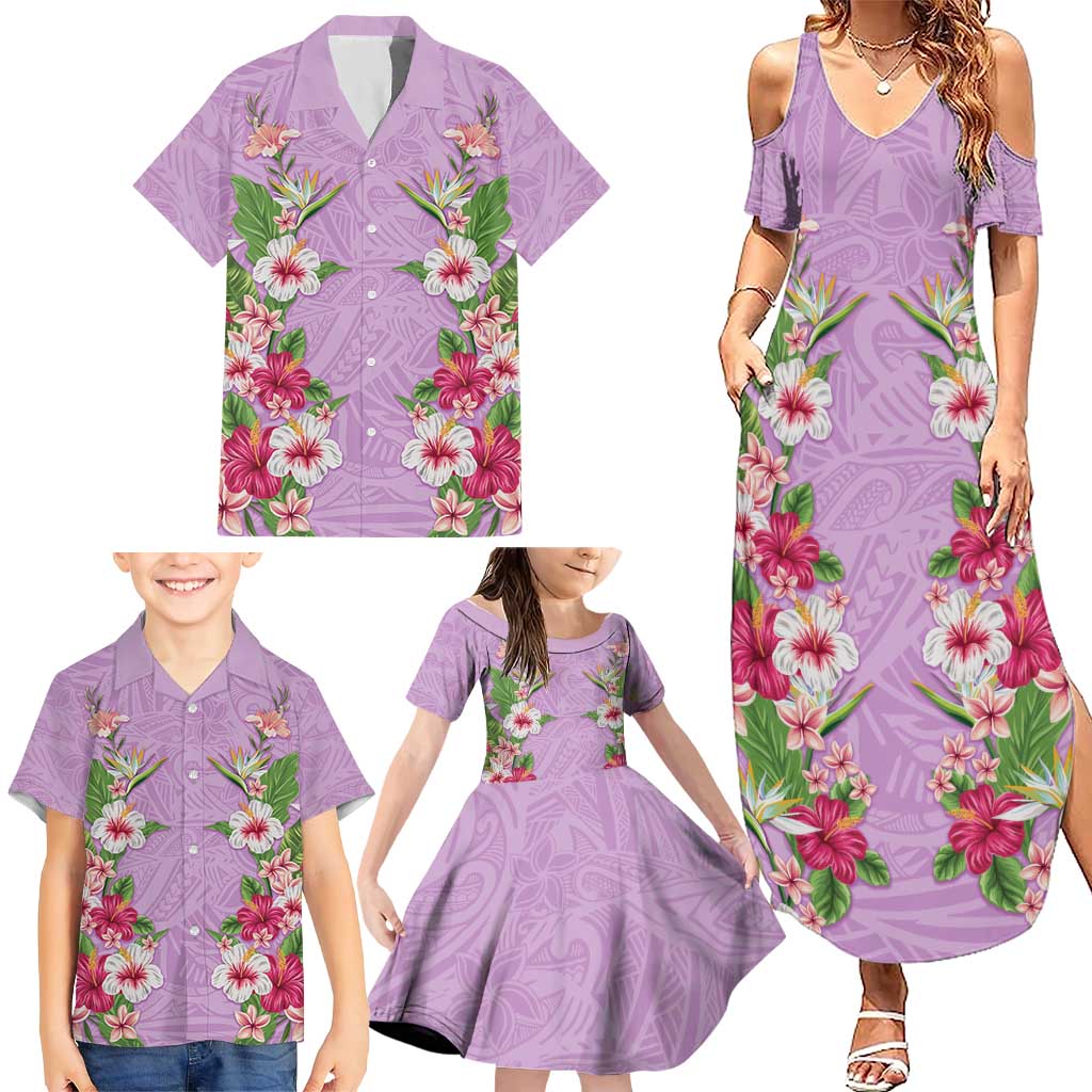 Hawaii Tropical Flowers Family Matching Summer Maxi Dress and Hawaiian Shirt Lavender Polynesian Tattoo Art