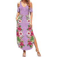 Hawaii Tropical Flowers Family Matching Summer Maxi Dress and Hawaiian Shirt Lavender Polynesian Tattoo Art