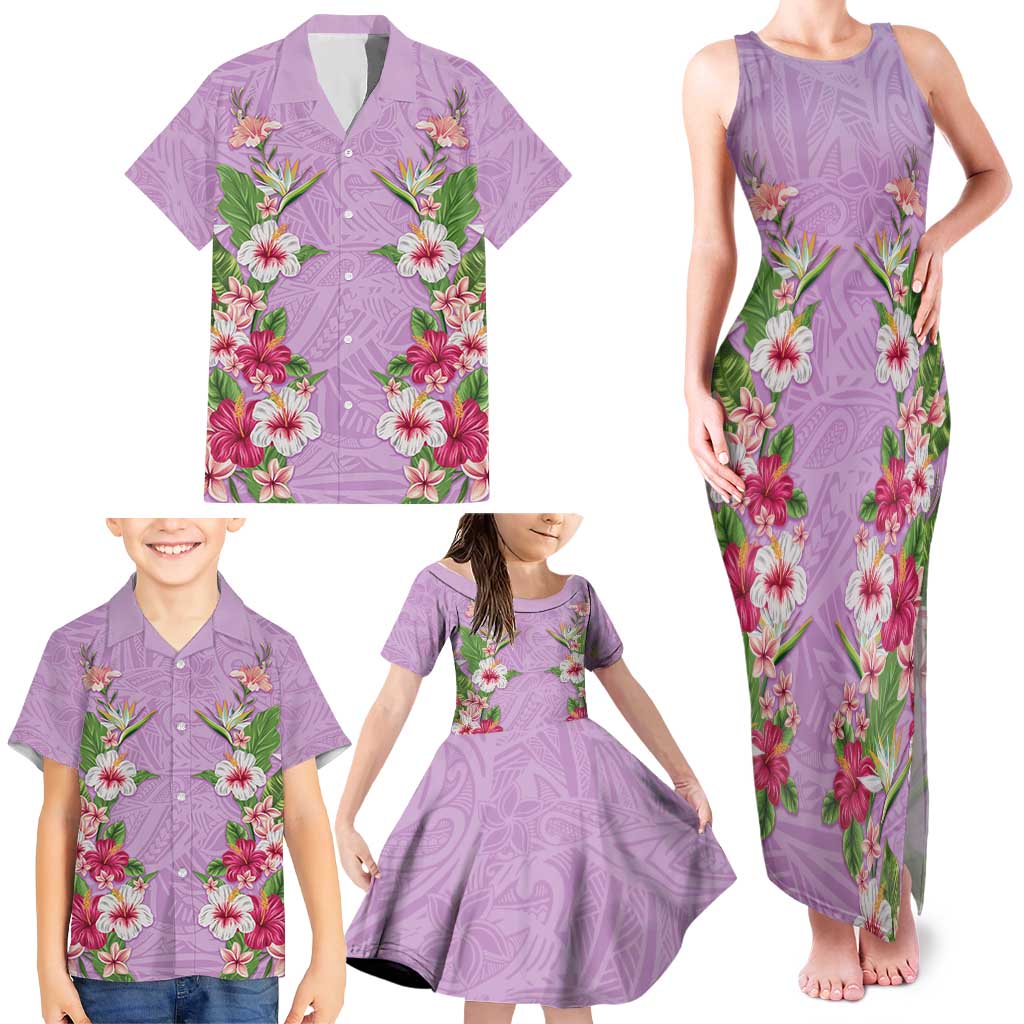 Hawaii Tropical Flowers Family Matching Tank Maxi Dress and Hawaiian Shirt Lavender Polynesian Tattoo Art