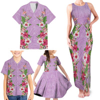 Hawaii Tropical Flowers Family Matching Tank Maxi Dress and Hawaiian Shirt Lavender Polynesian Tattoo Art