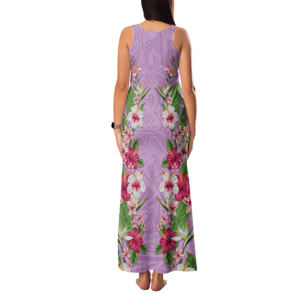 Hawaii Tropical Flowers Family Matching Tank Maxi Dress and Hawaiian Shirt Lavender Polynesian Tattoo Art