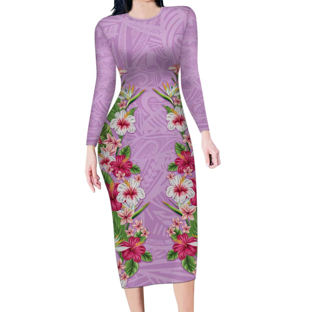 Hawaii Tropical Flowers Long Sleeve Bodycon Dress Lavender Polynesian Tattoo Art LT05 Long Dress Lavender - Polynesian Pride