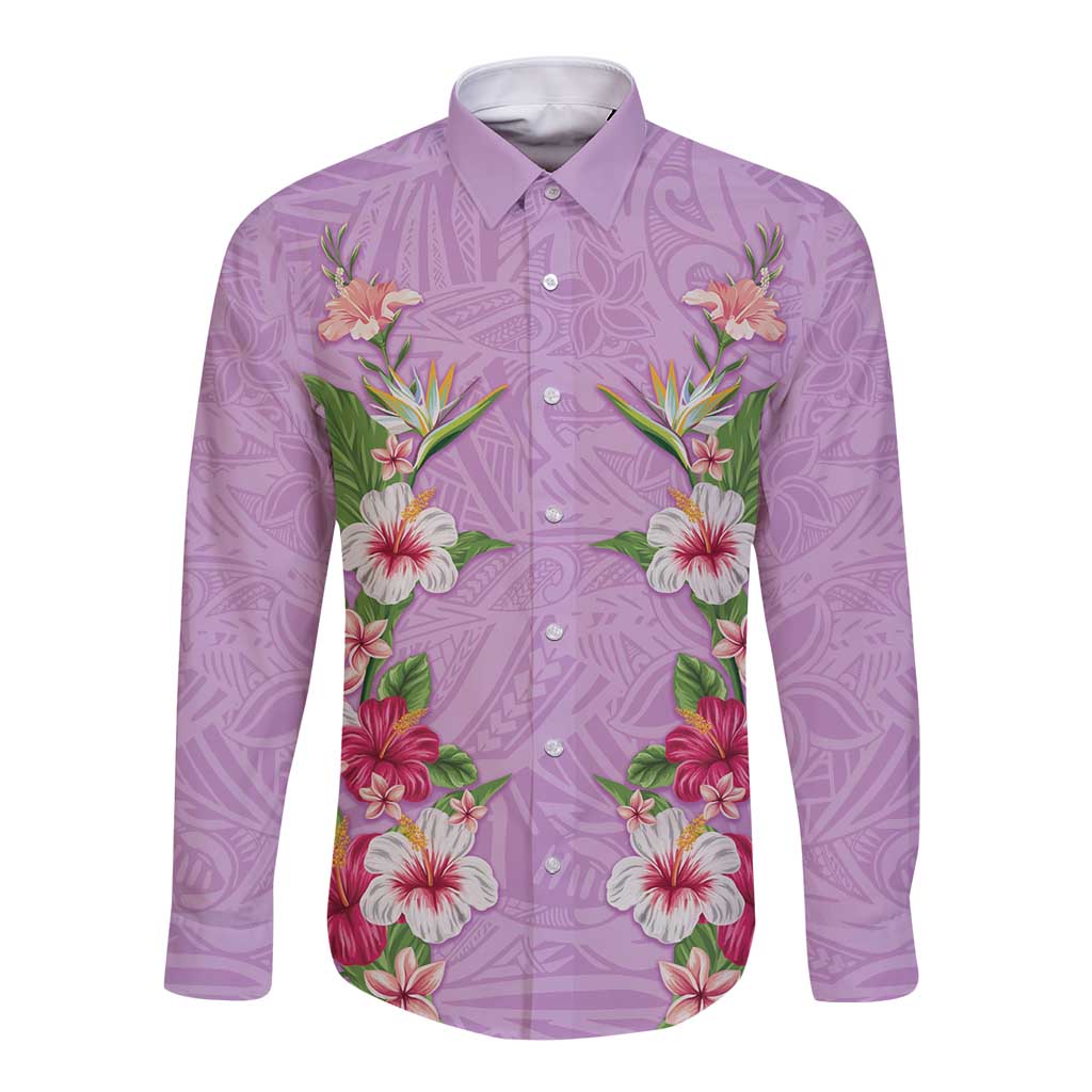 Hawaii Tropical Flowers Long Sleeve Button Shirt Lavender Polynesian Tattoo Art LT05 Unisex Lavender - Polynesian Pride