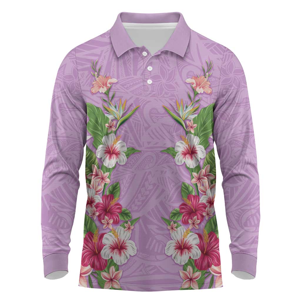 Hawaii Tropical Flowers Long Sleeve Polo Shirt Lavender Polynesian Tattoo Art LT05 Lavender - Polynesian Pride