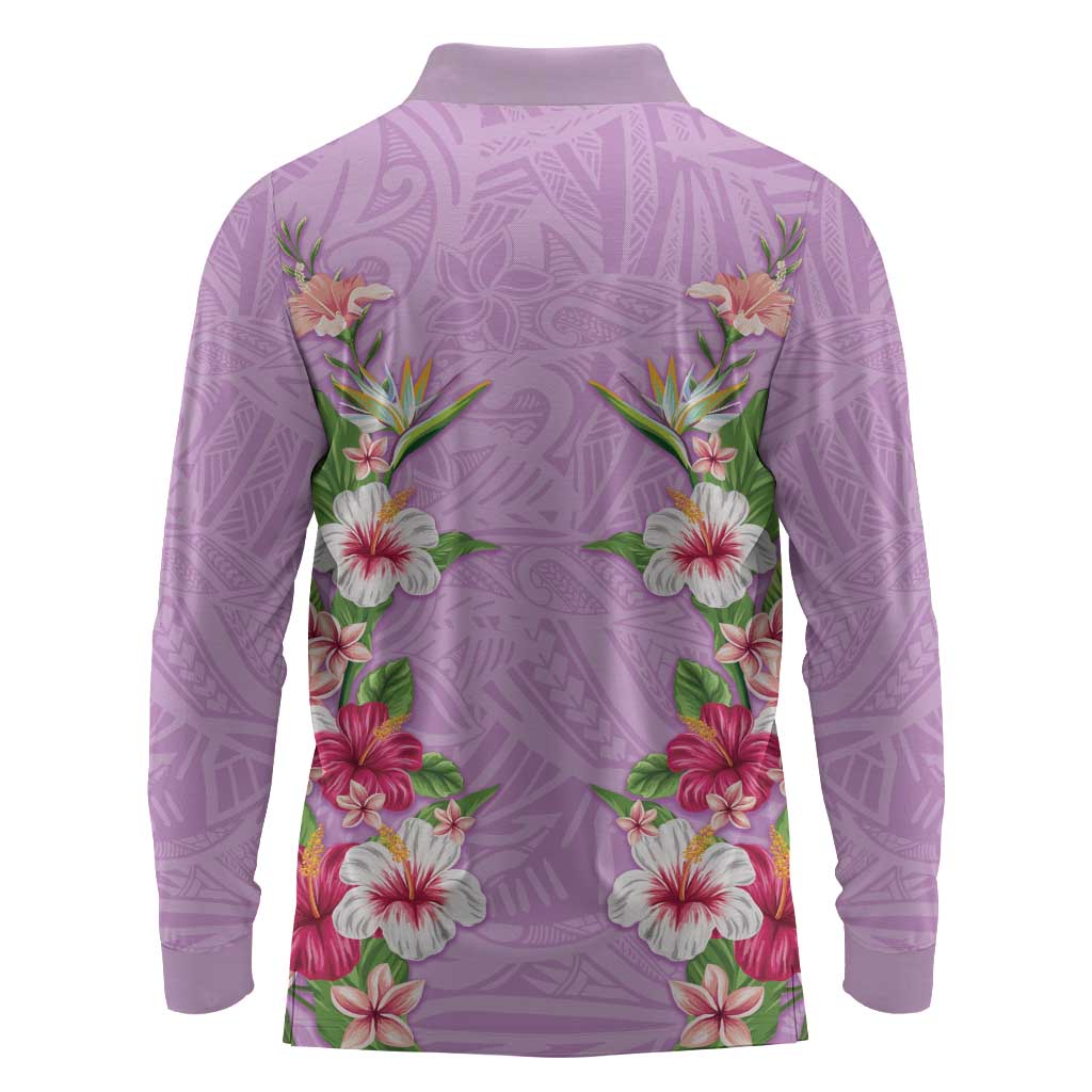 Hawaii Tropical Flowers Long Sleeve Polo Shirt Lavender Polynesian Tattoo Art LT05 - Polynesian Pride