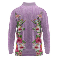 Hawaii Tropical Flowers Long Sleeve Polo Shirt Lavender Polynesian Tattoo Art LT05 - Polynesian Pride