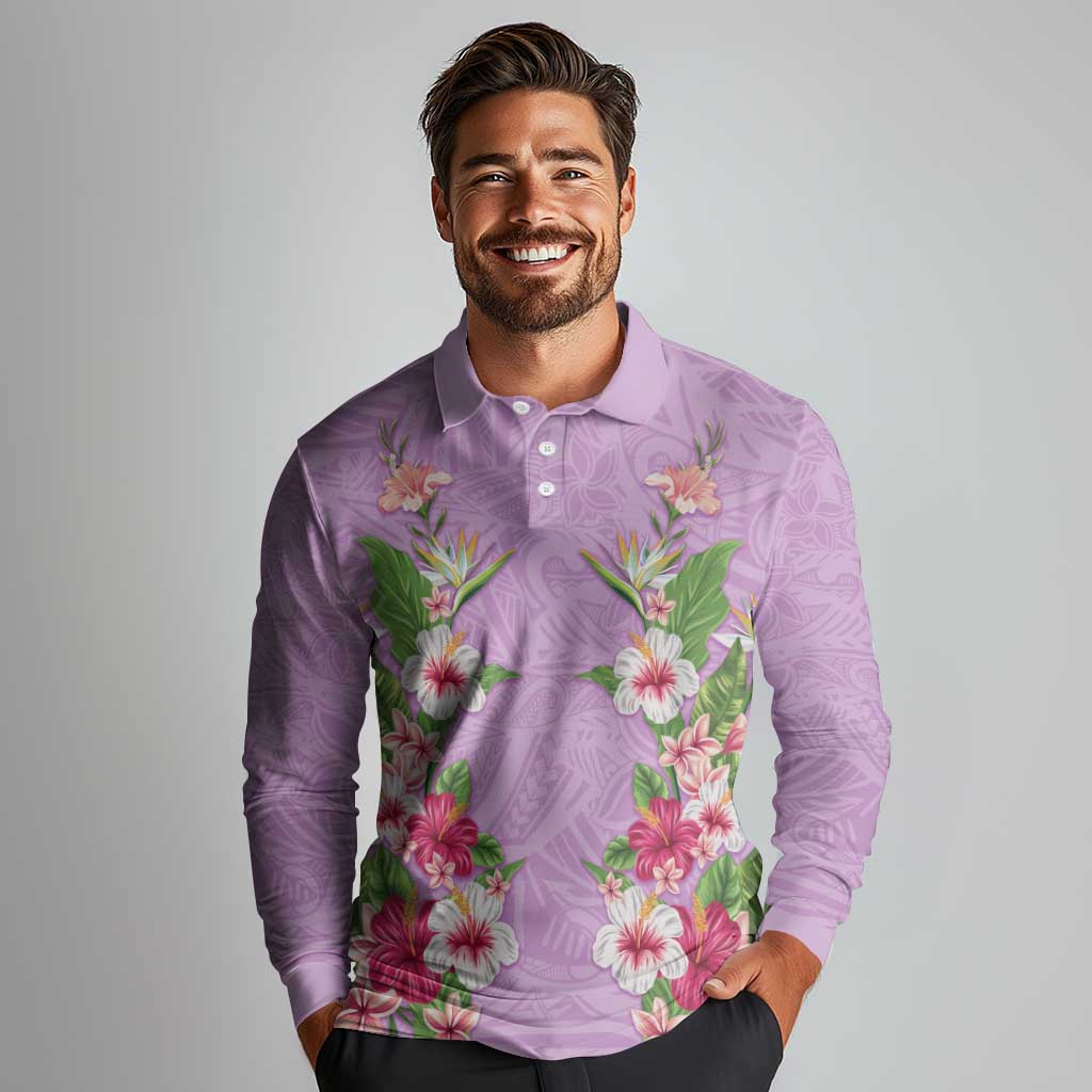 Hawaii Tropical Flowers Long Sleeve Polo Shirt Lavender Polynesian Tattoo Art LT05 - Polynesian Pride