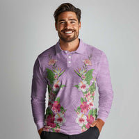 Hawaii Tropical Flowers Long Sleeve Polo Shirt Lavender Polynesian Tattoo Art LT05 - Polynesian Pride