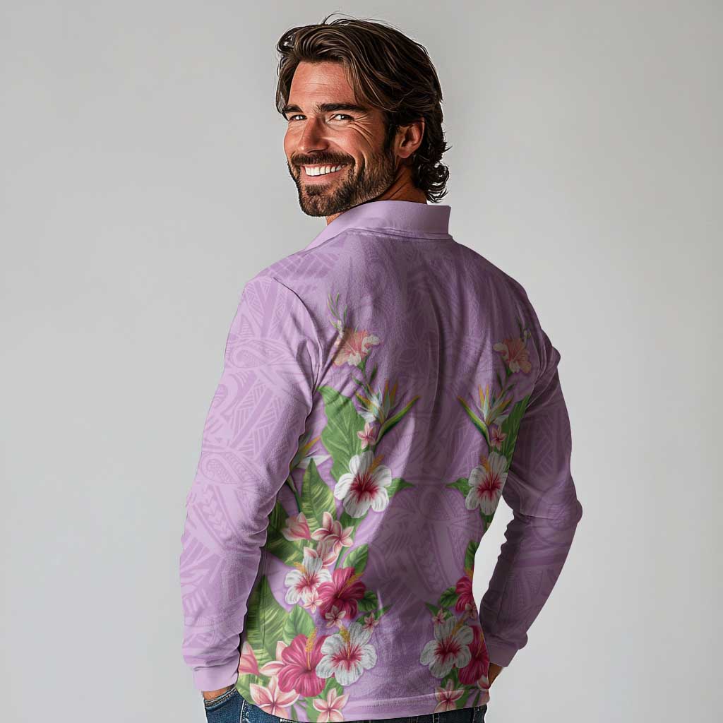 Hawaii Tropical Flowers Long Sleeve Polo Shirt Lavender Polynesian Tattoo Art LT05 - Polynesian Pride
