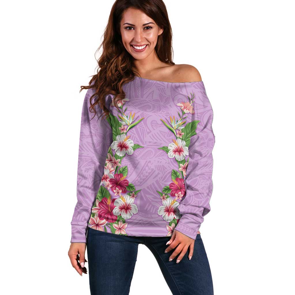 Hawaii Tropical Flowers Off Shoulder Sweater Lavender Polynesian Tattoo Art