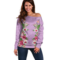Hawaii Tropical Flowers Off Shoulder Sweater Lavender Polynesian Tattoo Art