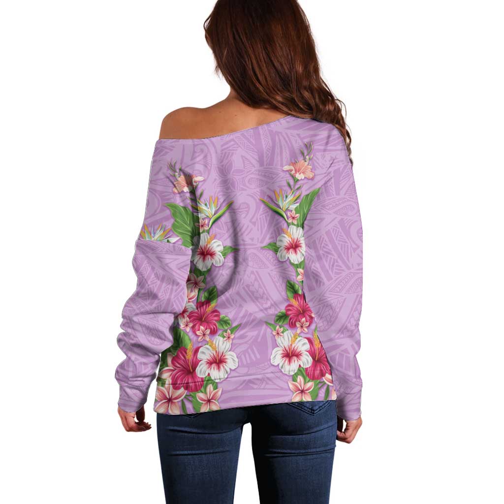 Hawaii Tropical Flowers Off Shoulder Sweater Lavender Polynesian Tattoo Art