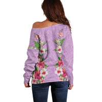 Hawaii Tropical Flowers Off Shoulder Sweater Lavender Polynesian Tattoo Art