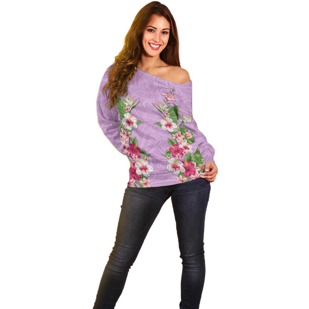 Hawaii Tropical Flowers Off Shoulder Sweater Lavender Polynesian Tattoo Art
