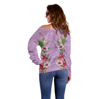 Hawaii Tropical Flowers Off Shoulder Sweater Lavender Polynesian Tattoo Art