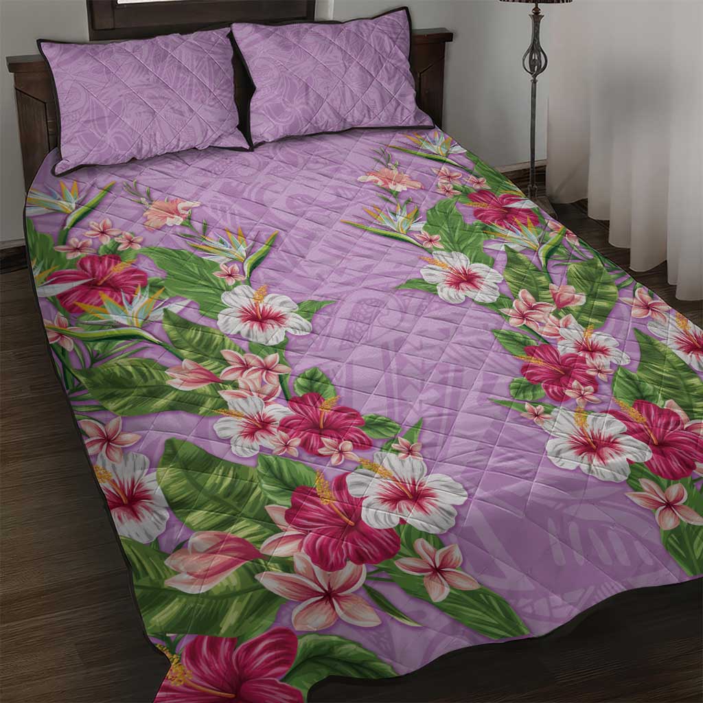 Hawaii Tropical Flowers Quilt Bed Set Lavender Polynesian Tattoo Art
