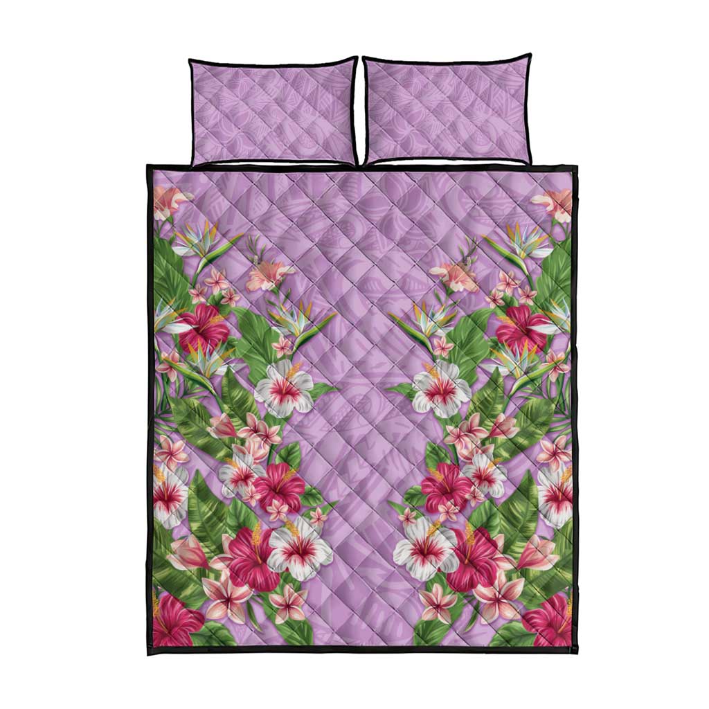 Hawaii Tropical Flowers Quilt Bed Set Lavender Polynesian Tattoo Art