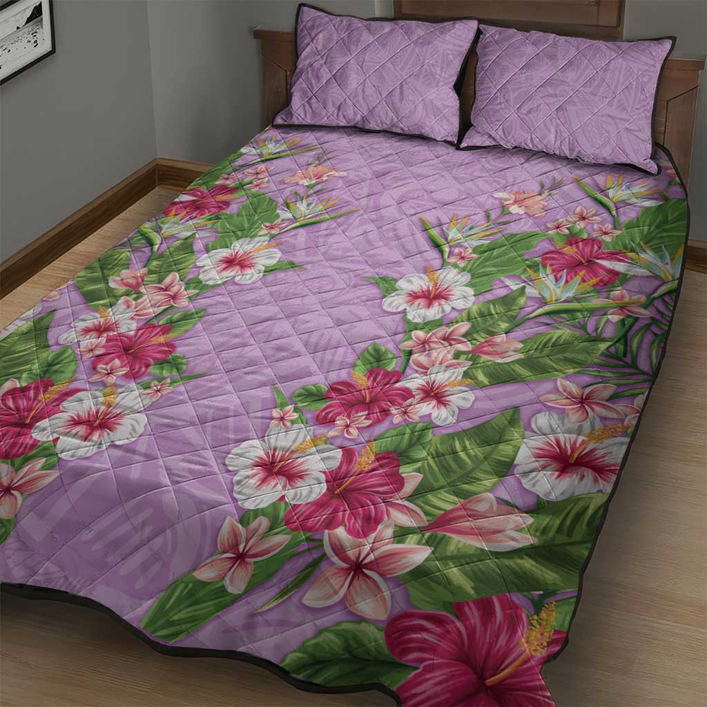 Hawaii Tropical Flowers Quilt Bed Set Lavender Polynesian Tattoo Art