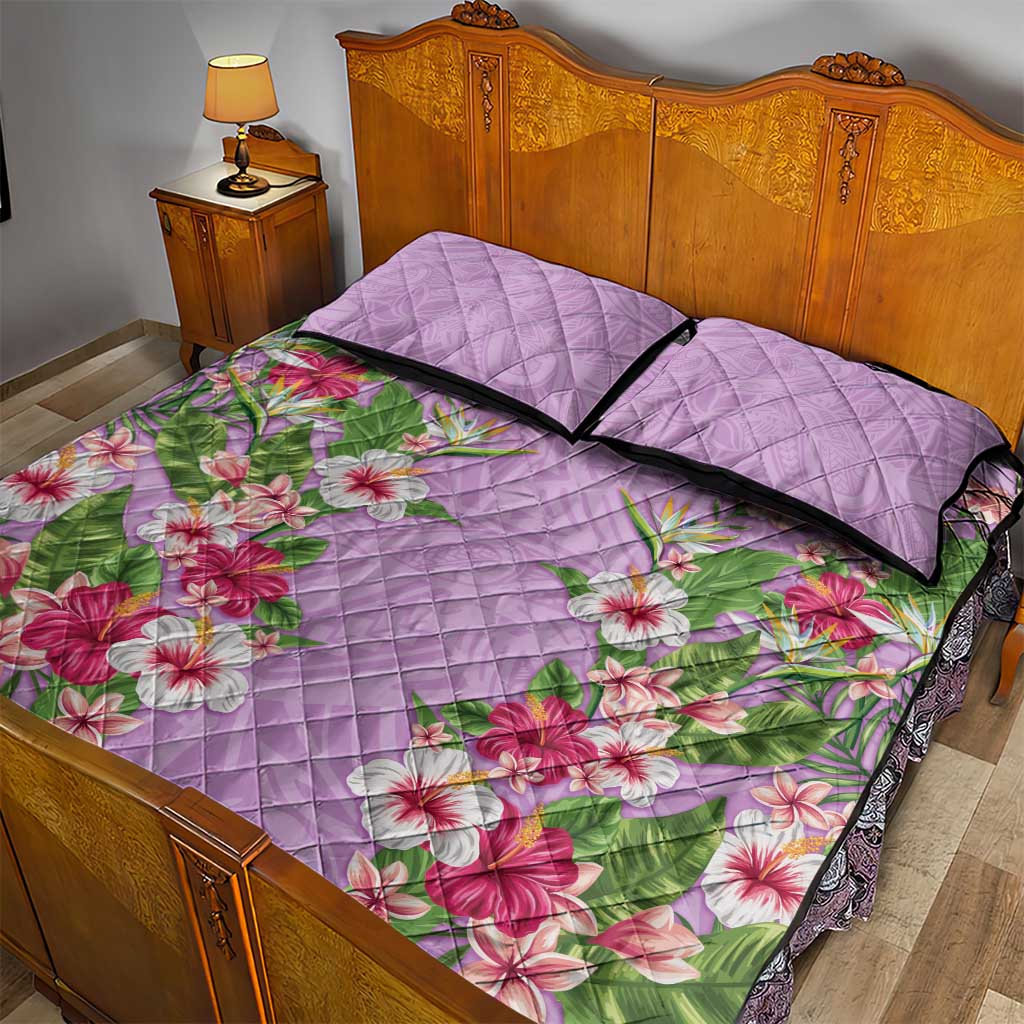 Hawaii Tropical Flowers Quilt Bed Set Lavender Polynesian Tattoo Art