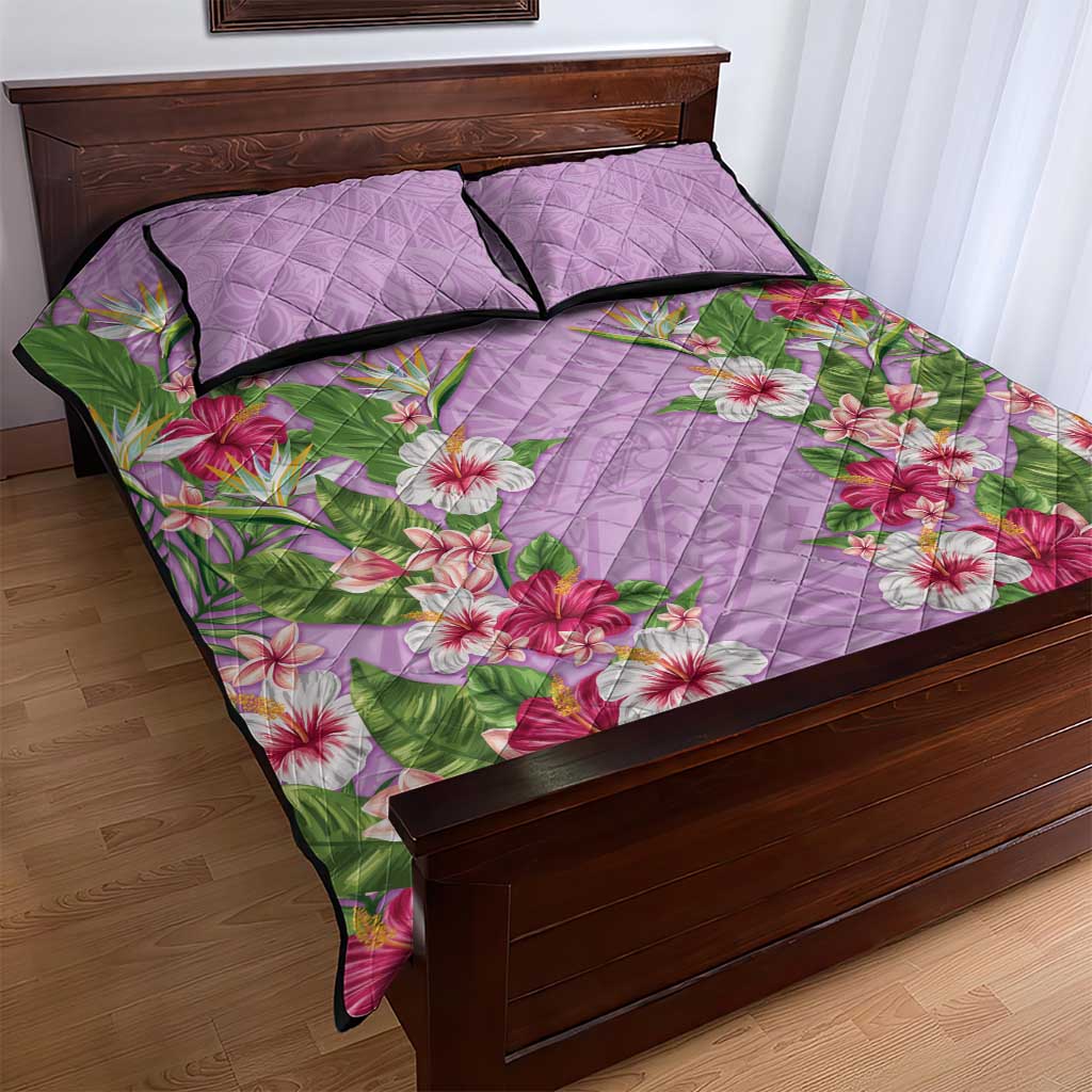 Hawaii Tropical Flowers Quilt Bed Set Lavender Polynesian Tattoo Art