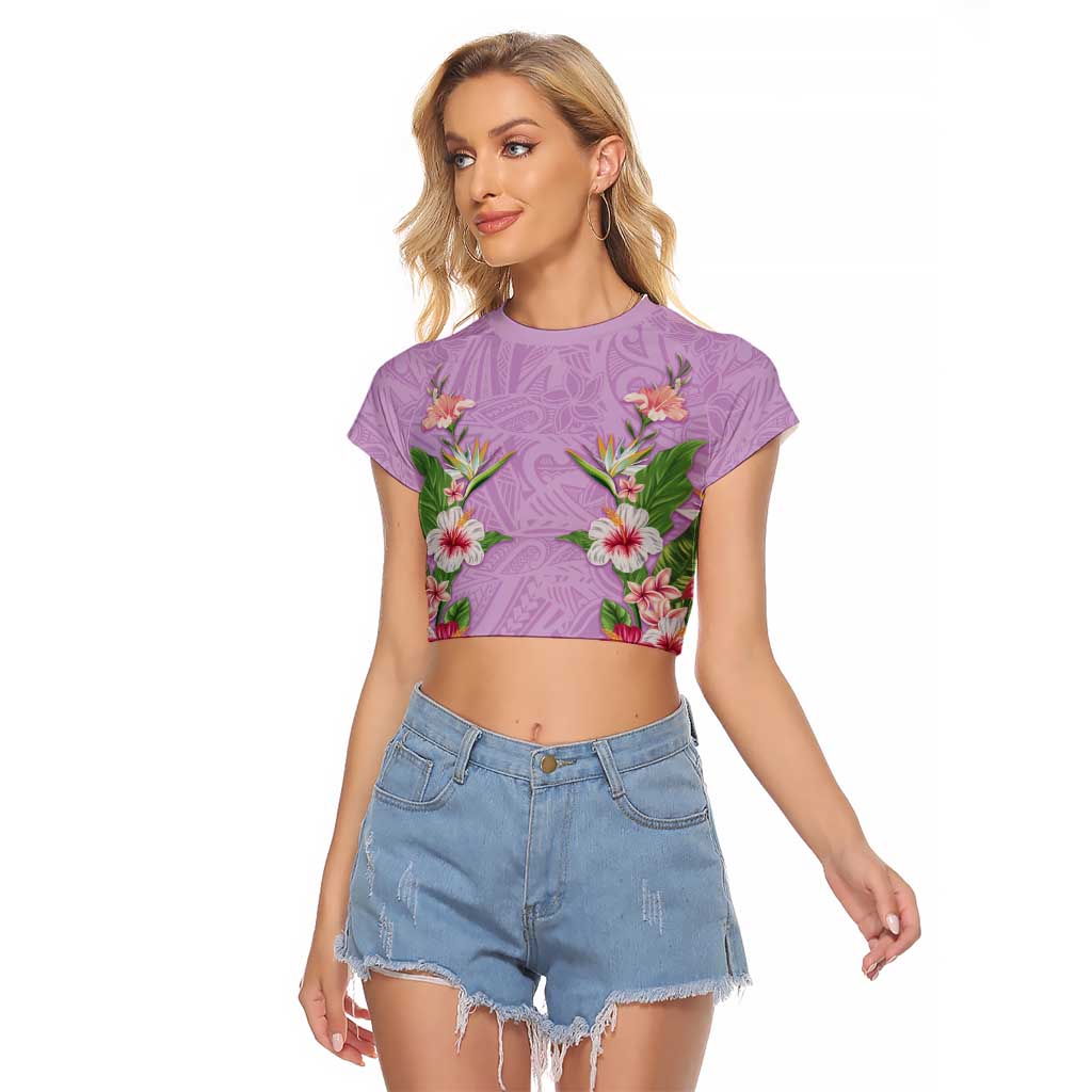 Hawaii Tropical Flowers Raglan Cropped T Shirt Lavender Polynesian Tattoo Art LT05 Female Lavender - Polynesian Pride