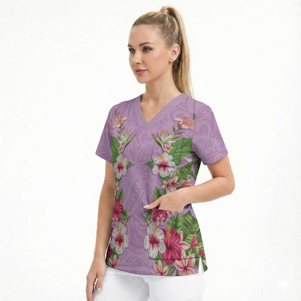 Hawaii Tropical Flowers Scrub Top Lavender Polynesian Tattoo Art LT05 - Polynesian Pride