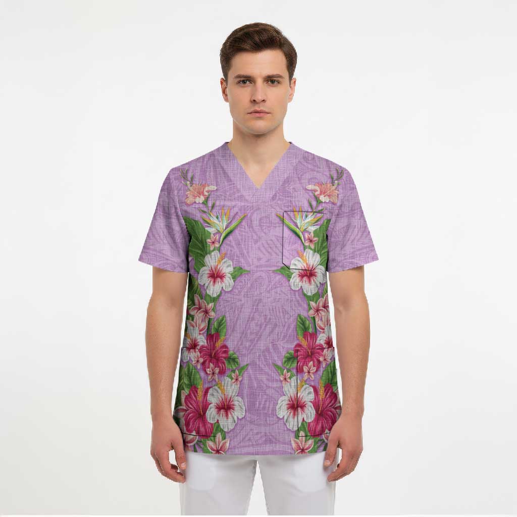 Hawaii Tropical Flowers Scrub Top Lavender Polynesian Tattoo Art LT05 - Polynesian Pride