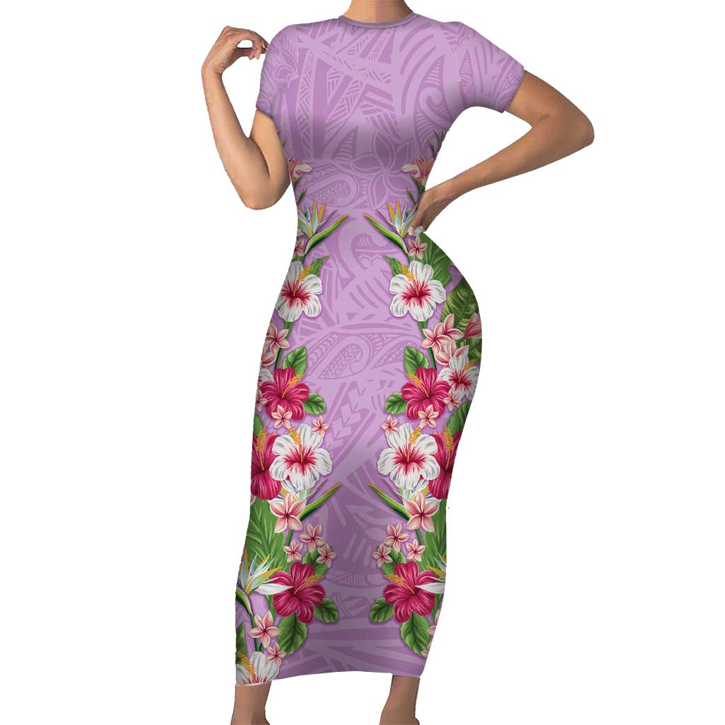 Hawaii Tropical Flowers Short Sleeve Bodycon Dress Lavender Polynesian Tattoo Art LT05 Long Dress Lavender - Polynesian Pride