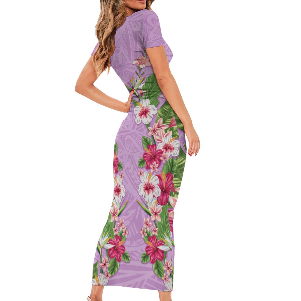 Hawaii Tropical Flowers Short Sleeve Bodycon Dress Lavender Polynesian Tattoo Art LT05 - Polynesian Pride