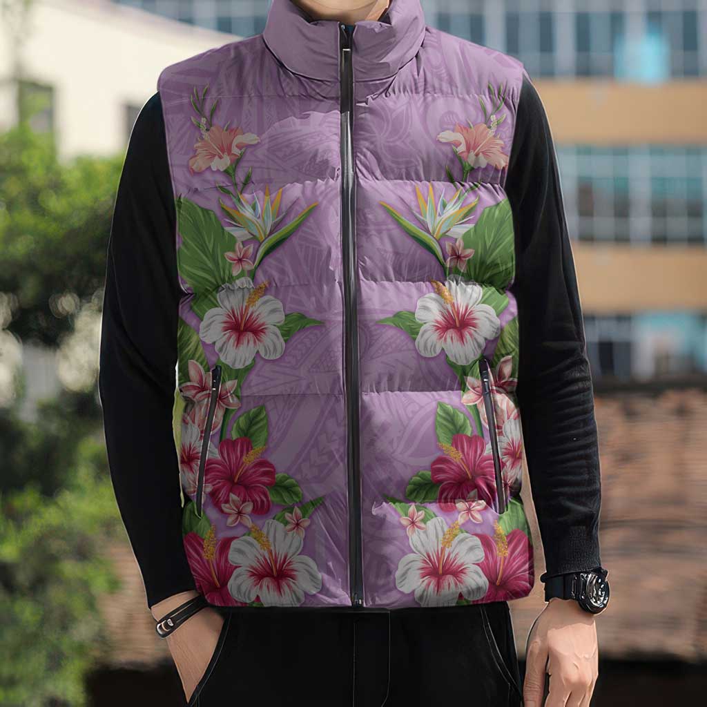 Hawaii Tropical Flowers Sleeveless Puffer Jacket Lavender Polynesian Tattoo Art LT05 - Polynesian Pride
