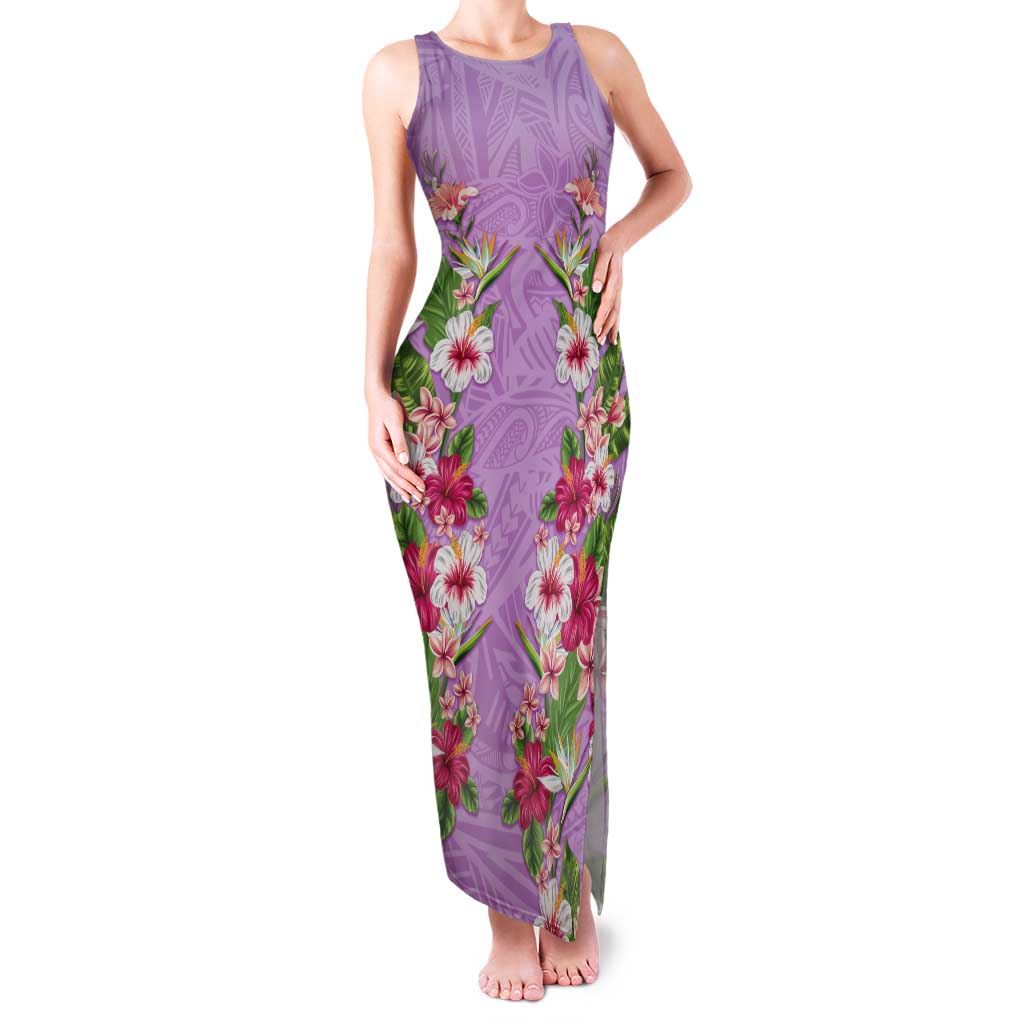 Hawaii Tropical Flowers Tank Maxi Dress Lavender Polynesian Tattoo Art
