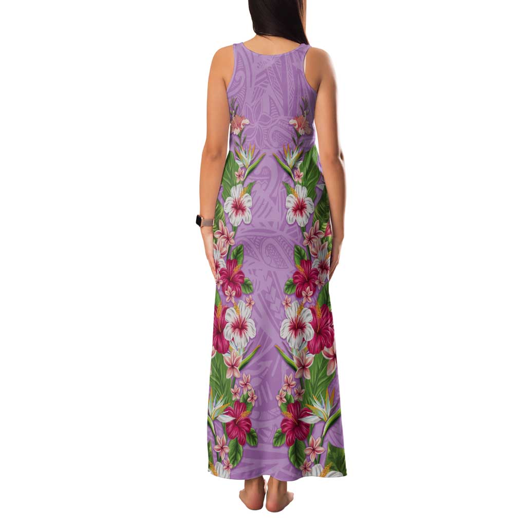 Hawaii Tropical Flowers Tank Maxi Dress Lavender Polynesian Tattoo Art
