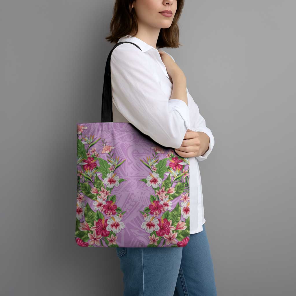 Hawaii Tropical Flowers Tote Bag Lavender Polynesian Tattoo Art LT05 - Polynesian Pride