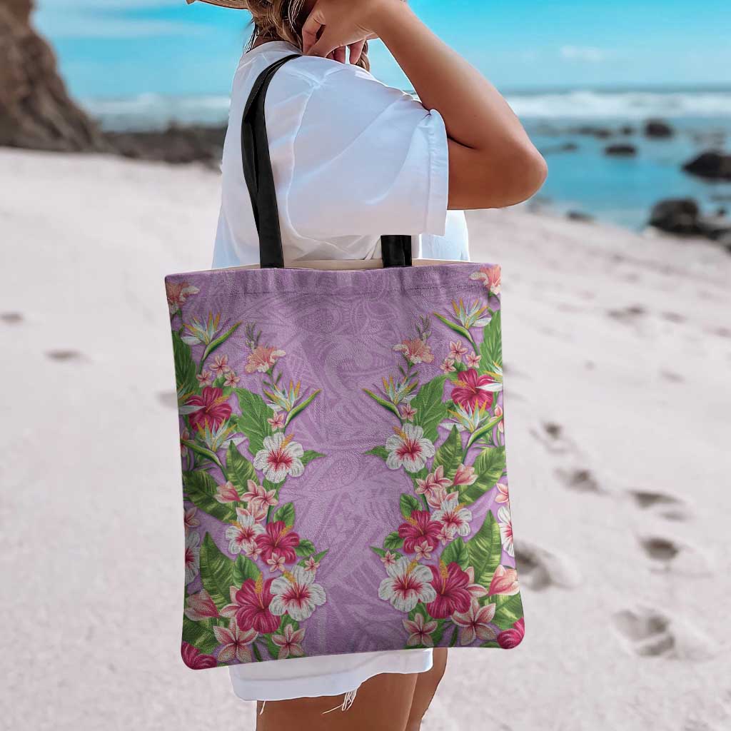 Hawaii Tropical Flowers Tote Bag Lavender Polynesian Tattoo Art LT05 - Polynesian Pride