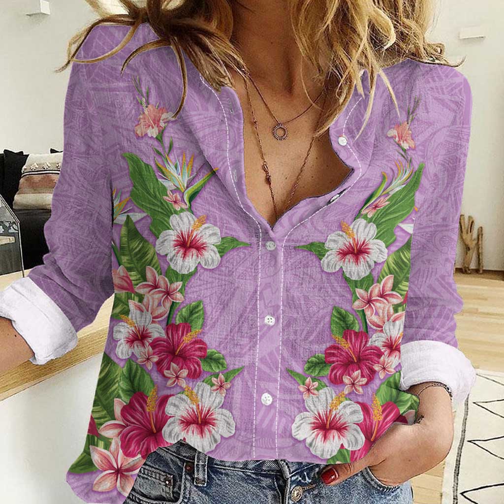 Hawaii Tropical Flowers Women Casual Shirt Lavender Polynesian Tattoo Art LT05 Female Lavender - Polynesian Pride